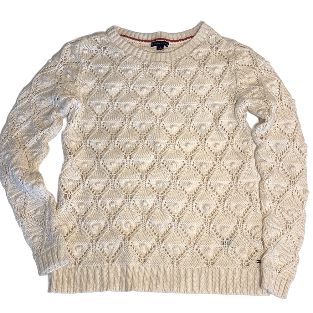 Tommy Hilfiger Ivory Open Knit Long Sleeve Crew Neck 100% Cotton Sweater - M